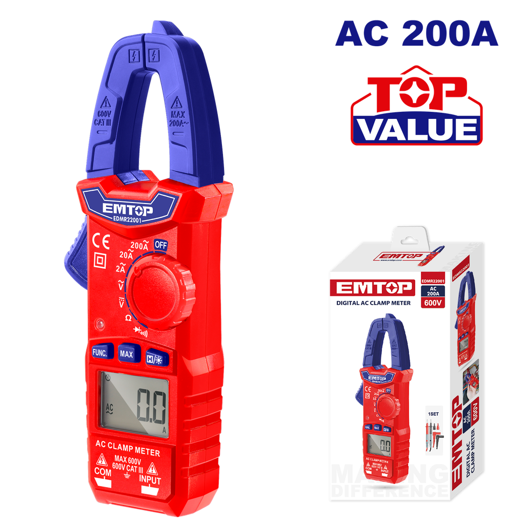 AMPERIMETRO DE GANCHO DIGITAL 600V 200A - TOP VALUE EMTOP (REEMPLAZADO POR EDMR762001)