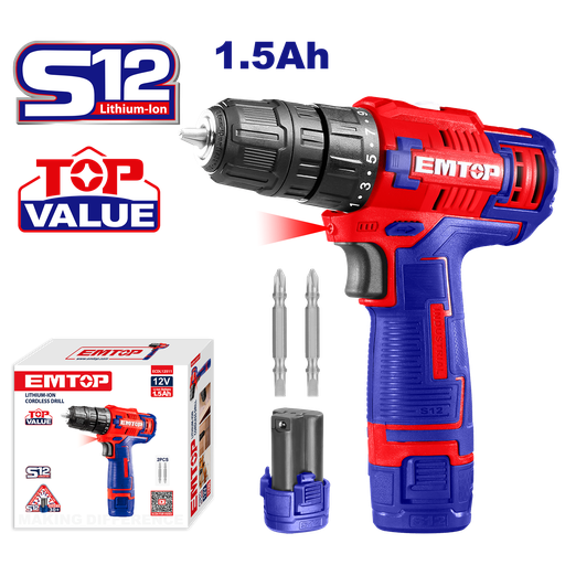 [52 ET ULCDL12511] TALADRO ATORN. INAL. 12V S12 1.5Ah 3/8&quot; INCL. 1 BAT + 1 CARG - TOP VALUE EMTOP