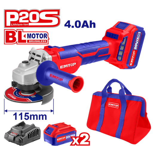 [52 ET ULAG2011522] AMOLADORA INAL. INDUSTRIAL 20V 4 1/2&quot; 9000RPM BRUSHLESS INCL. 2 BAT 4AH + 1 CARG + 1 BOLSO NYL - EMTOP